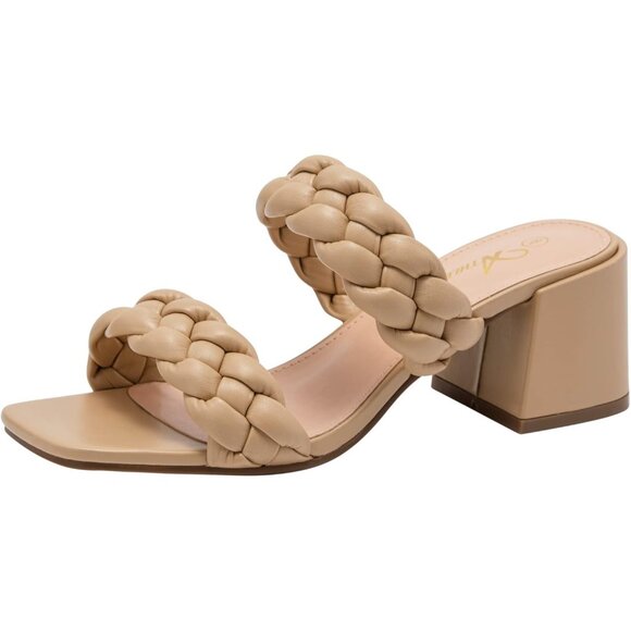 Athlefit Block Heels Nude Leather Women's Open Toe Square Backless Sandals - Picture 1 of 6